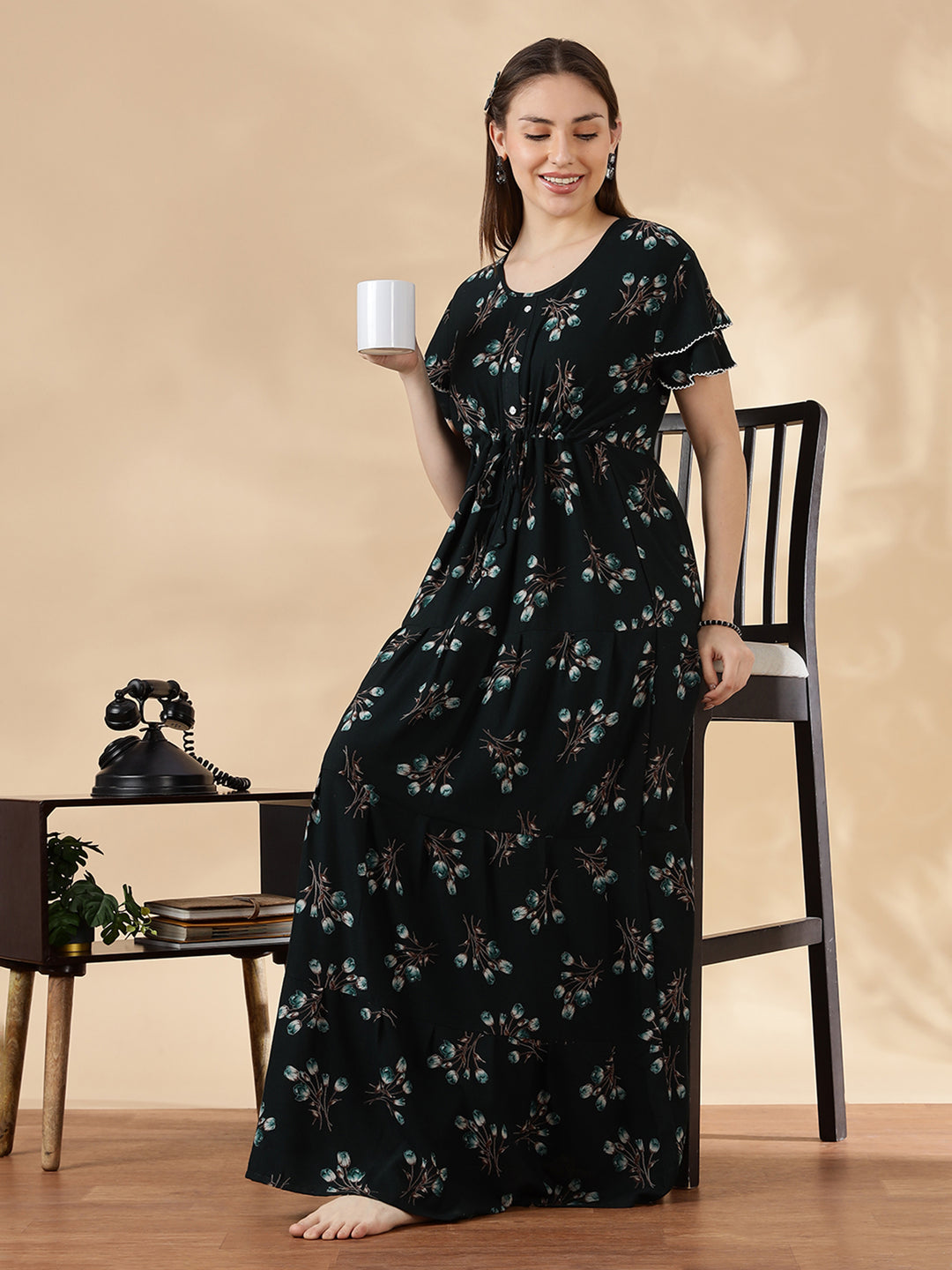 Tulip green floral alpine nighty dress for women In India