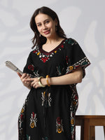 Curved V Neck Cotton Kaftan with Hand Block Batik Print in Black Paisley