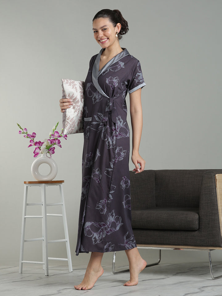 Plum Mist Viscose Blend Housecoat with Floral Sketch Print for Women
