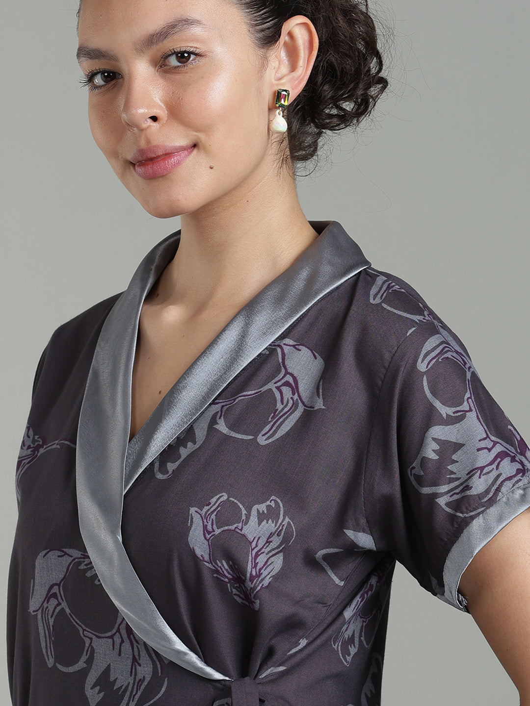 Plum Mist Viscose Blend Housecoat with Floral Sketch Print for Women