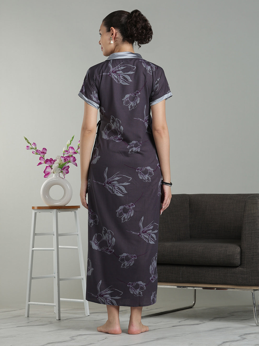 Plum Mist Viscose Blend Housecoat with Floral Sketch Print for Women