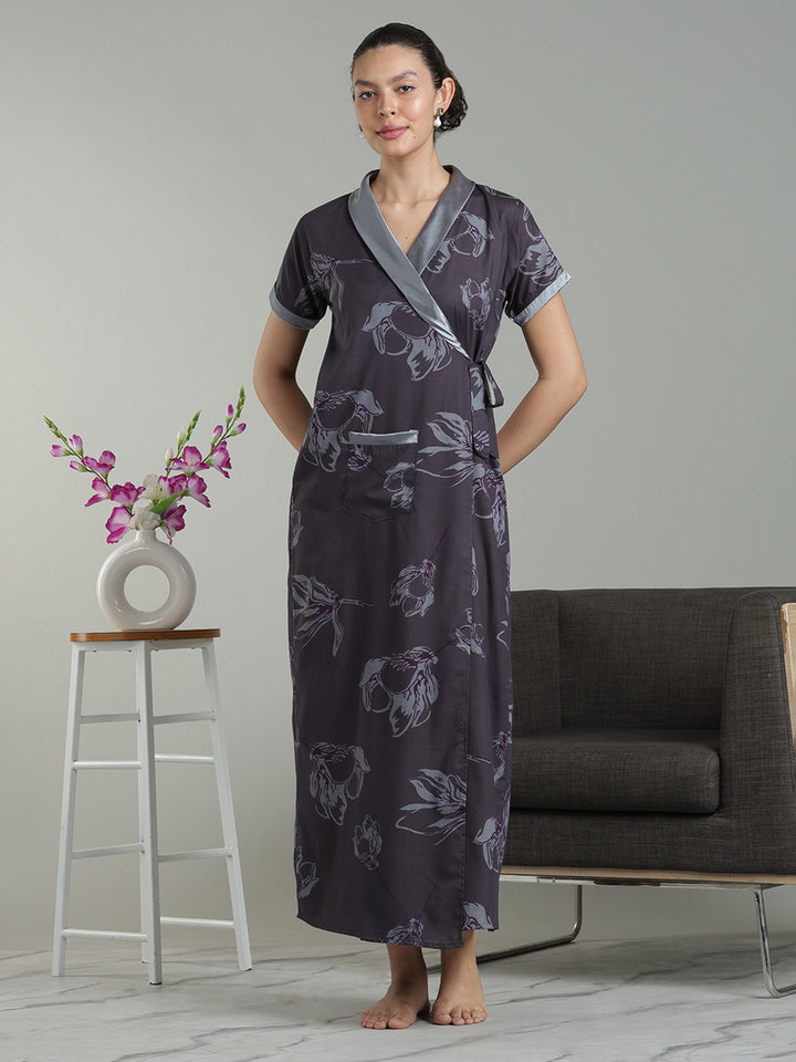 Plum Mist Viscose Blend Housecoat with Floral Sketch Print for Women
