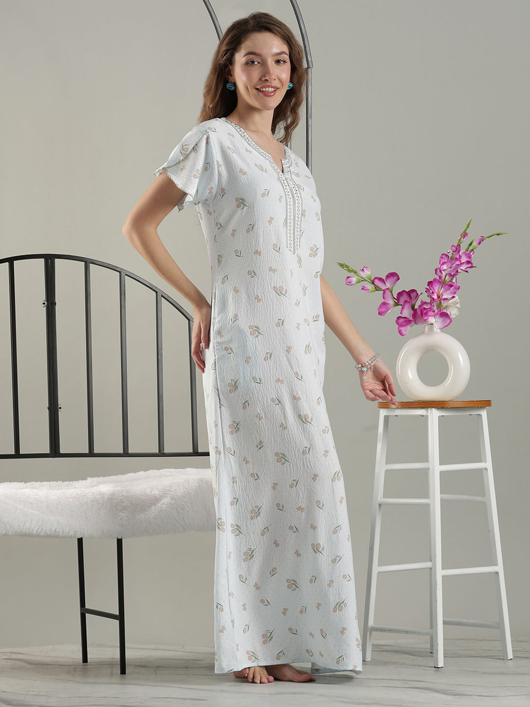 Misty Blue Crush Cotton Tulip Best Fancy Nighty for Women