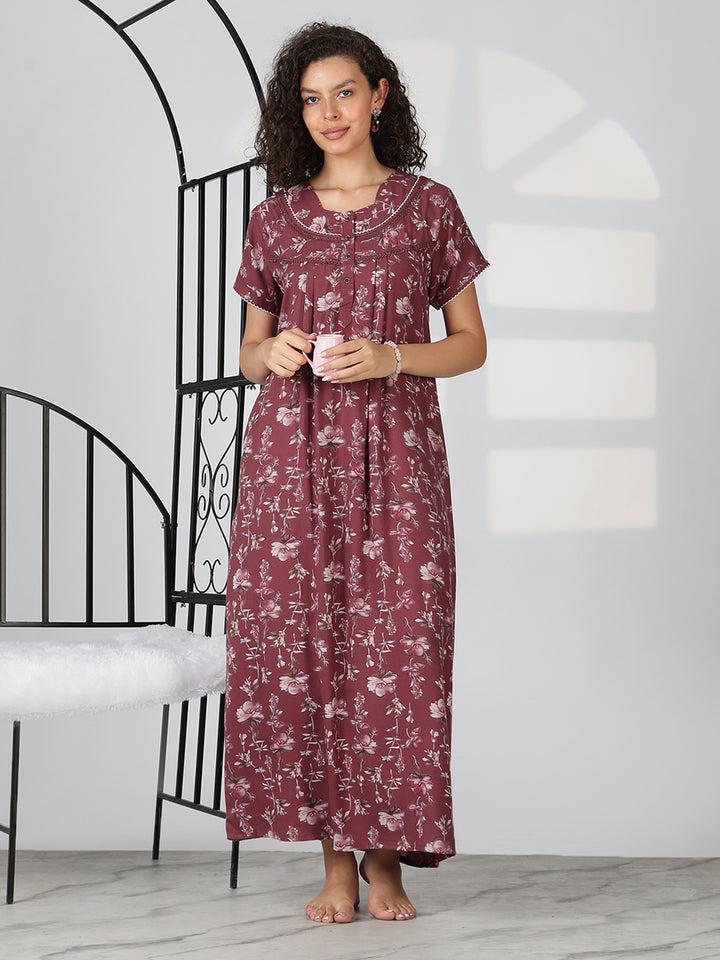 Wine floral alpine designer nighty for women