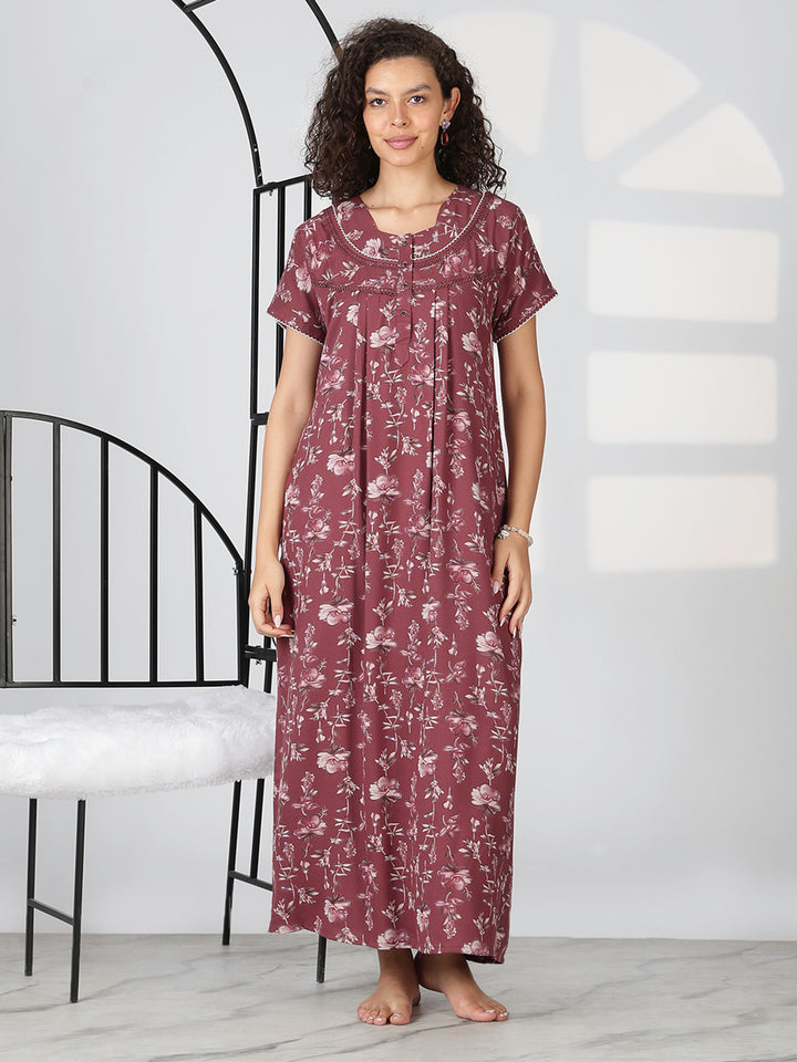 Wine floral alpine designer nighty for women