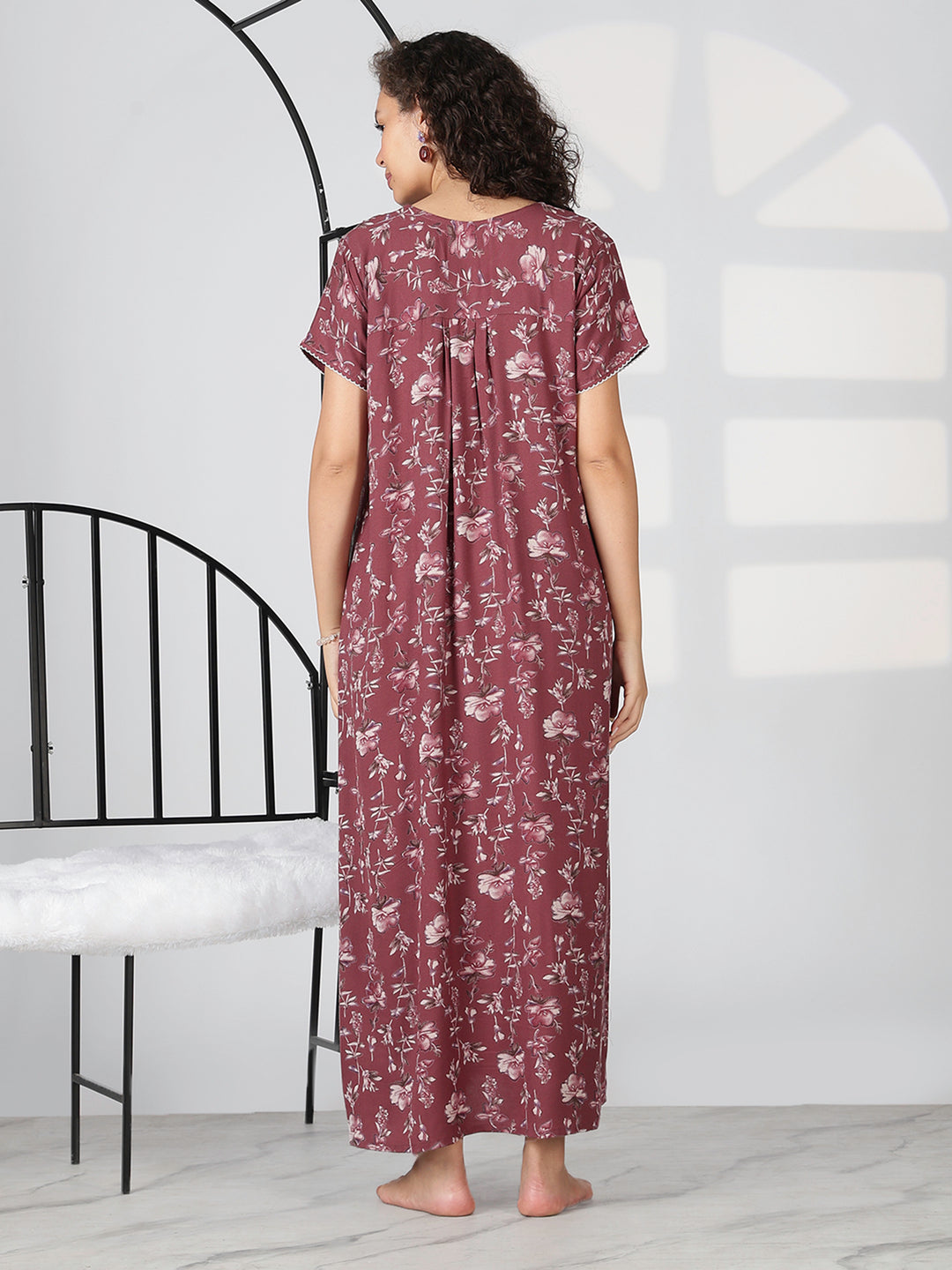 Wine floral alpine designer nighty for women