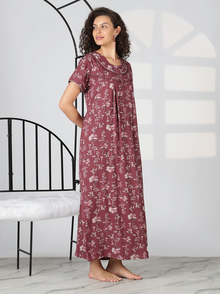 Wine floral alpine designer nighty for women