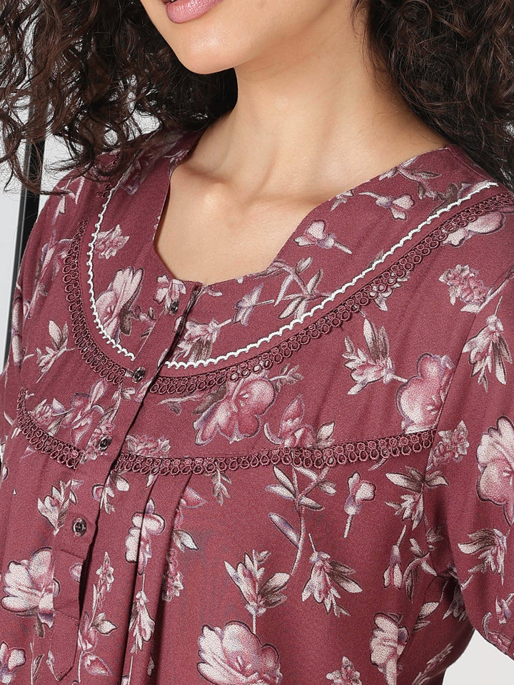 Wine floral alpine designer nighty for women