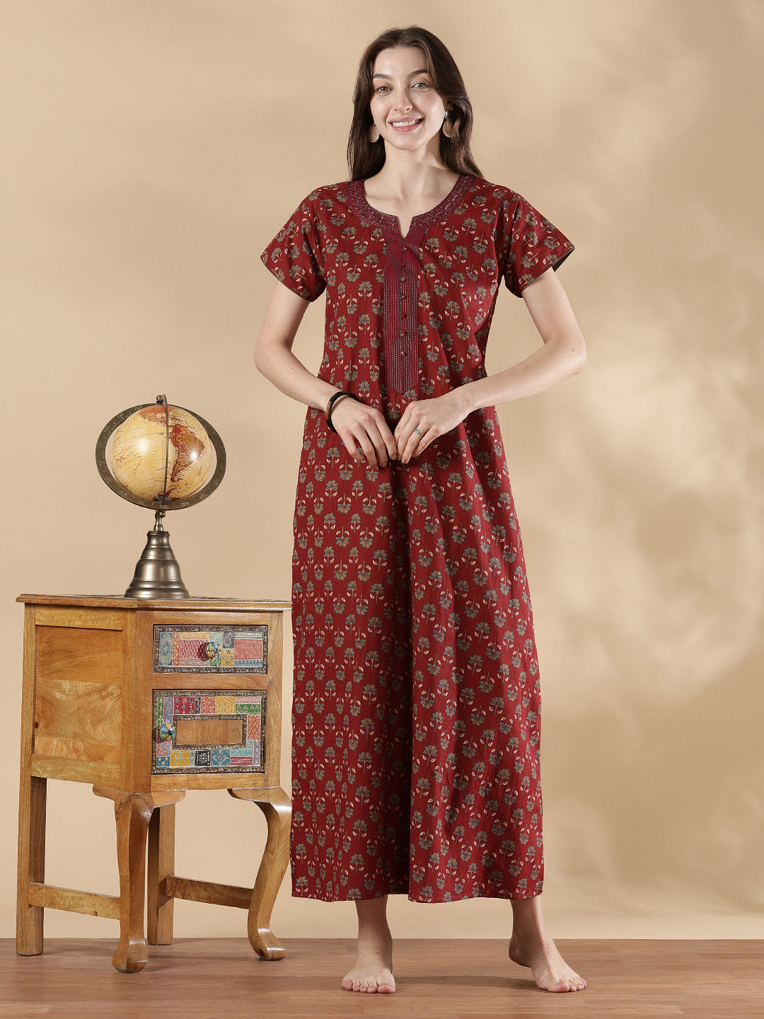 Wine red ethnic print cozy pure cotton nighty for women