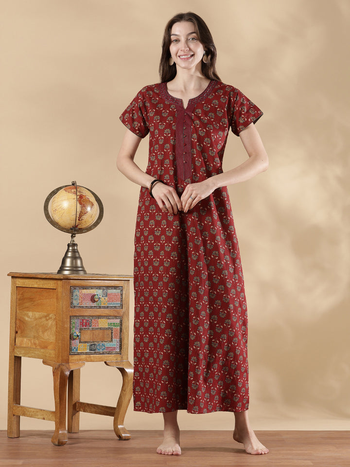 Wine red ethnic print cozy pure cotton nighty for women