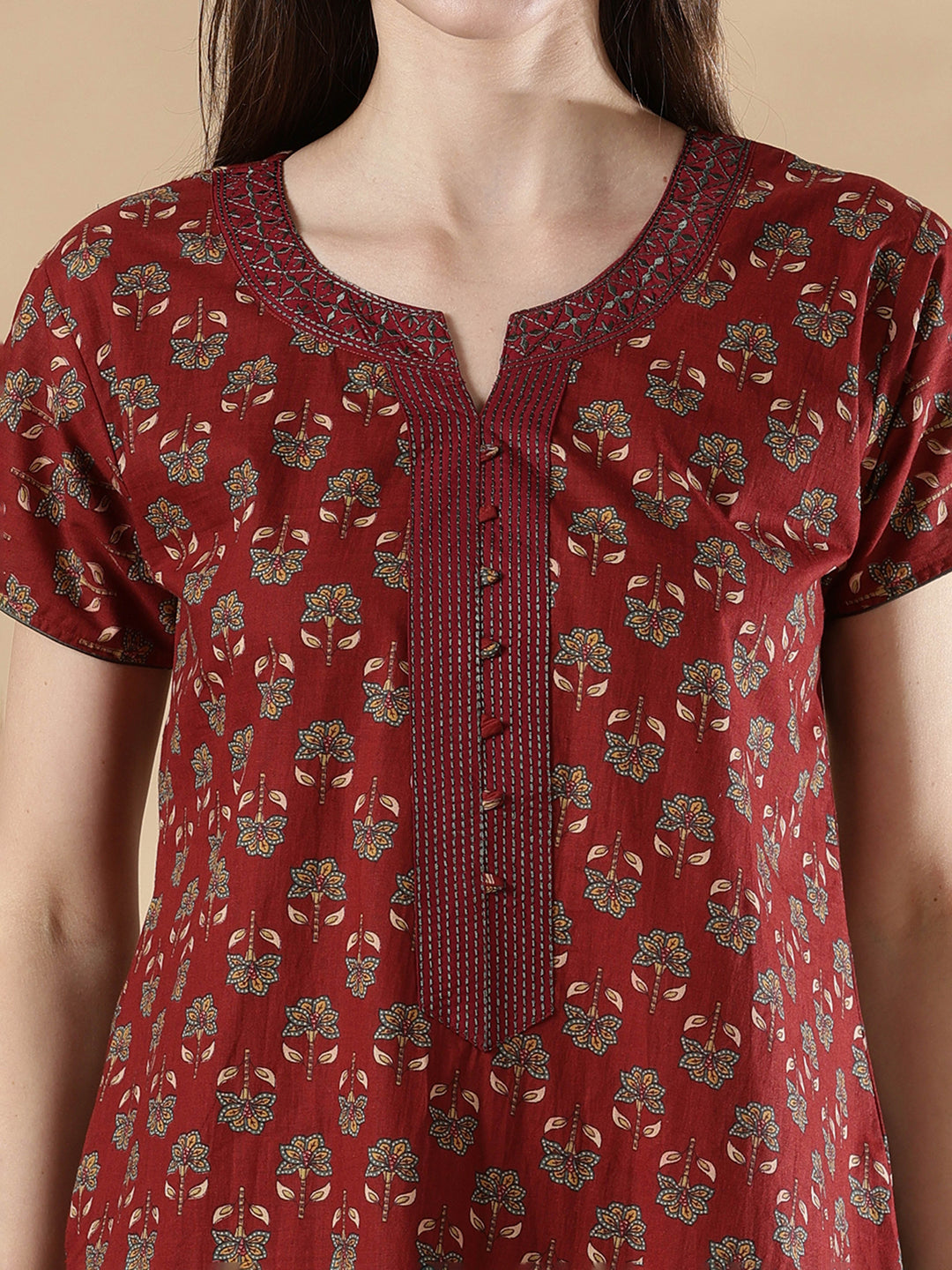 Wine red ethnic print cozy pure cotton nighty for women