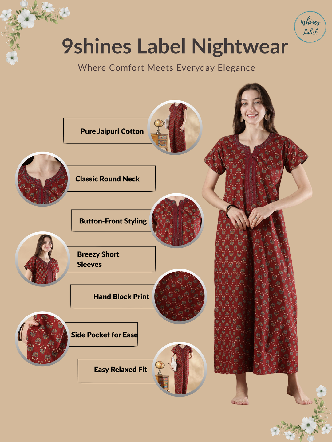Wine red ethnic print cozy pure cotton nighty for women