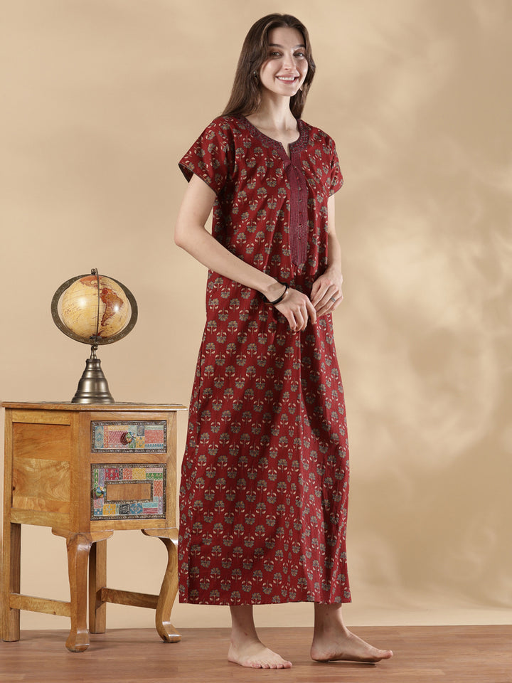 Wine red ethnic print cozy pure cotton nighty for women