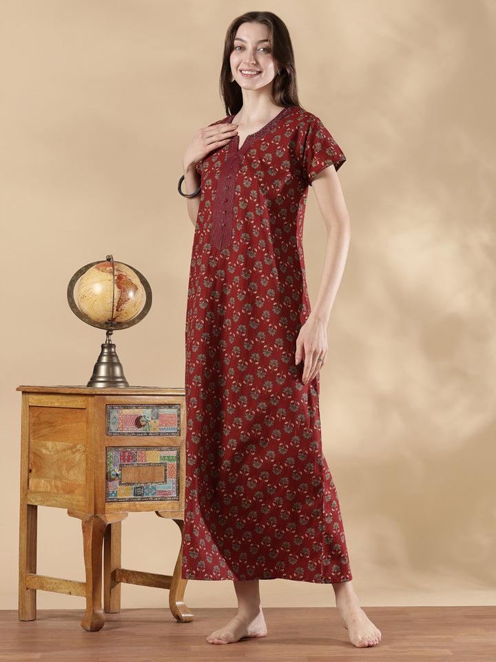 Wine red ethnic print cozy pure cotton nighty for women