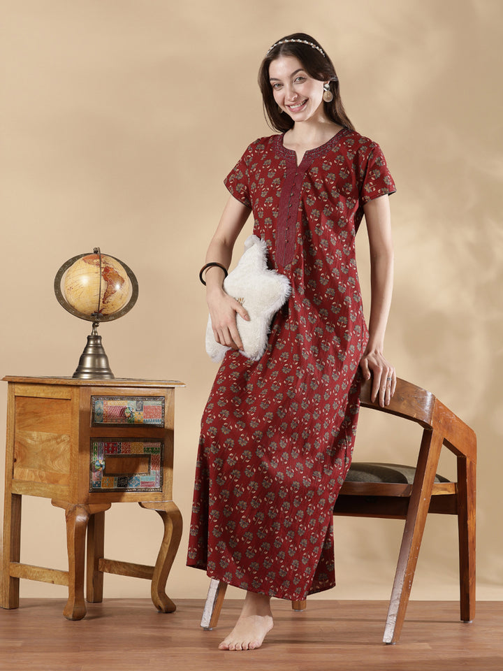 Wine red ethnic print cozy pure cotton nighty for women