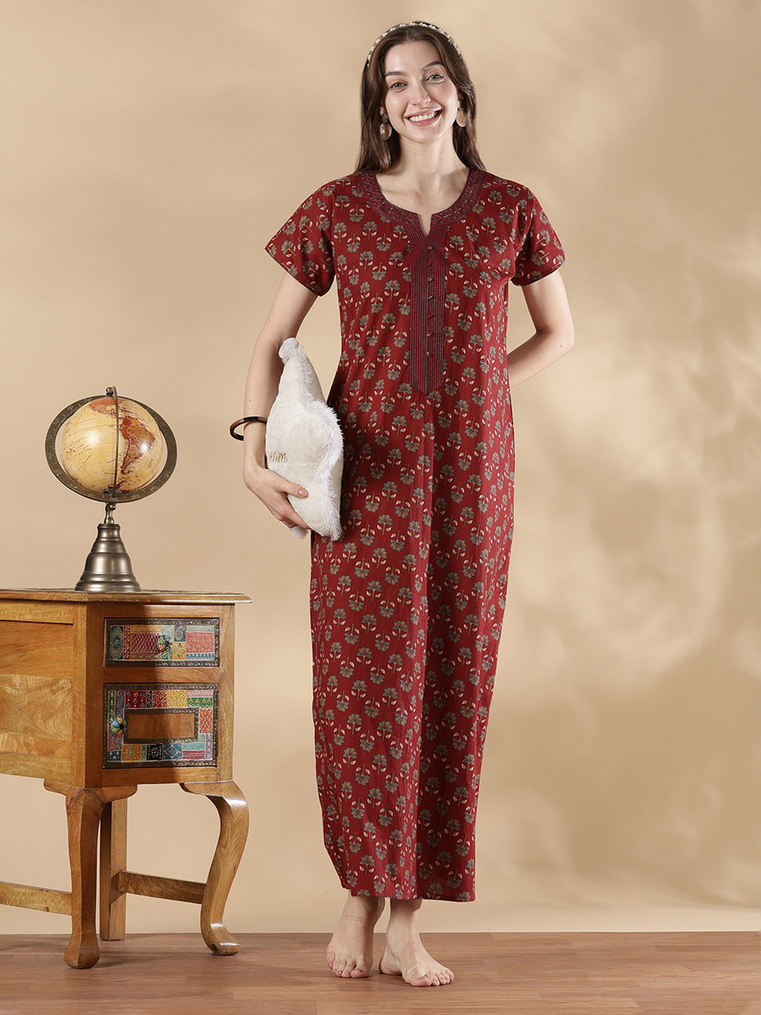 Wine red ethnic print cozy pure cotton nighty for women