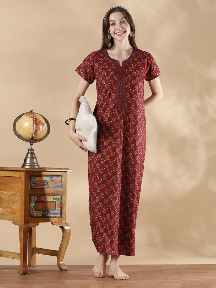 Wine red ethnic print cozy pure cotton nighty for women