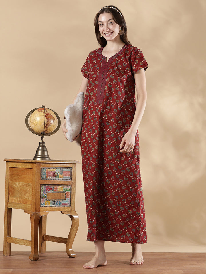 Wine red ethnic print cozy pure cotton nighty for women
