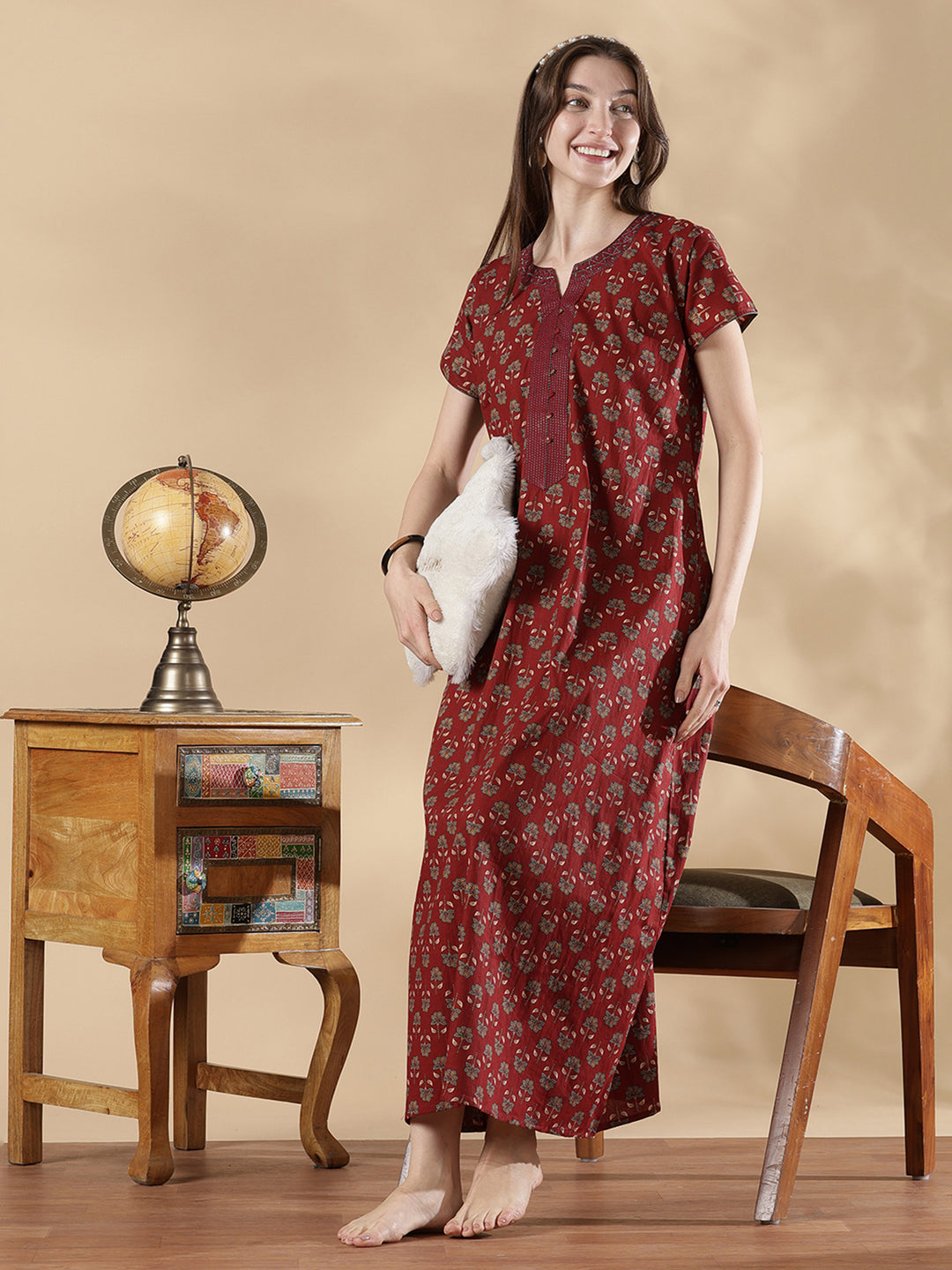 Wine red ethnic print cozy pure cotton nighty for women