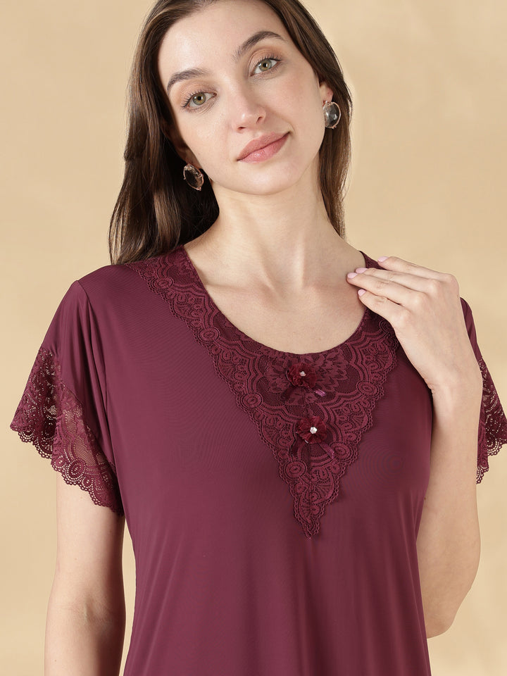 Wine red malai lace best nighty for women