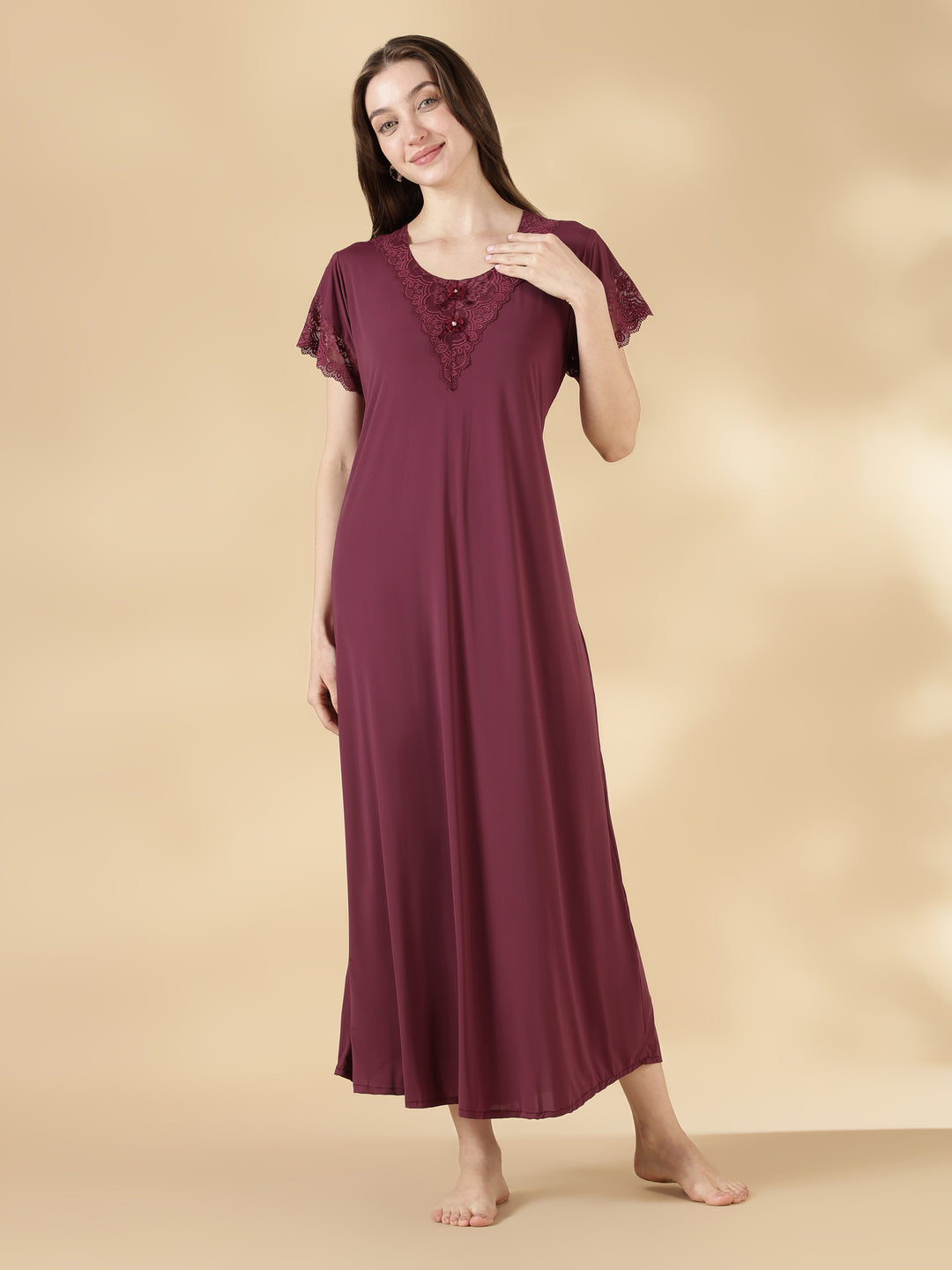 Wine red malai lace best nighty for women