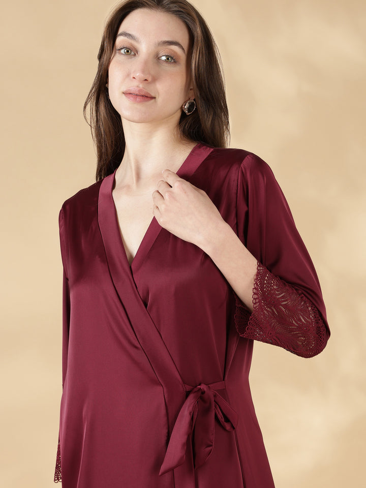 Wine rose honeymoon style satin nighty with lace robe