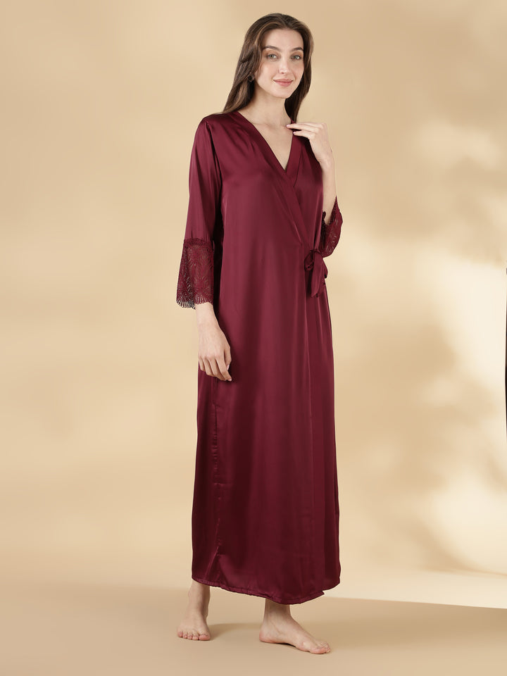 Wine rose honeymoon style satin nighty with lace robe