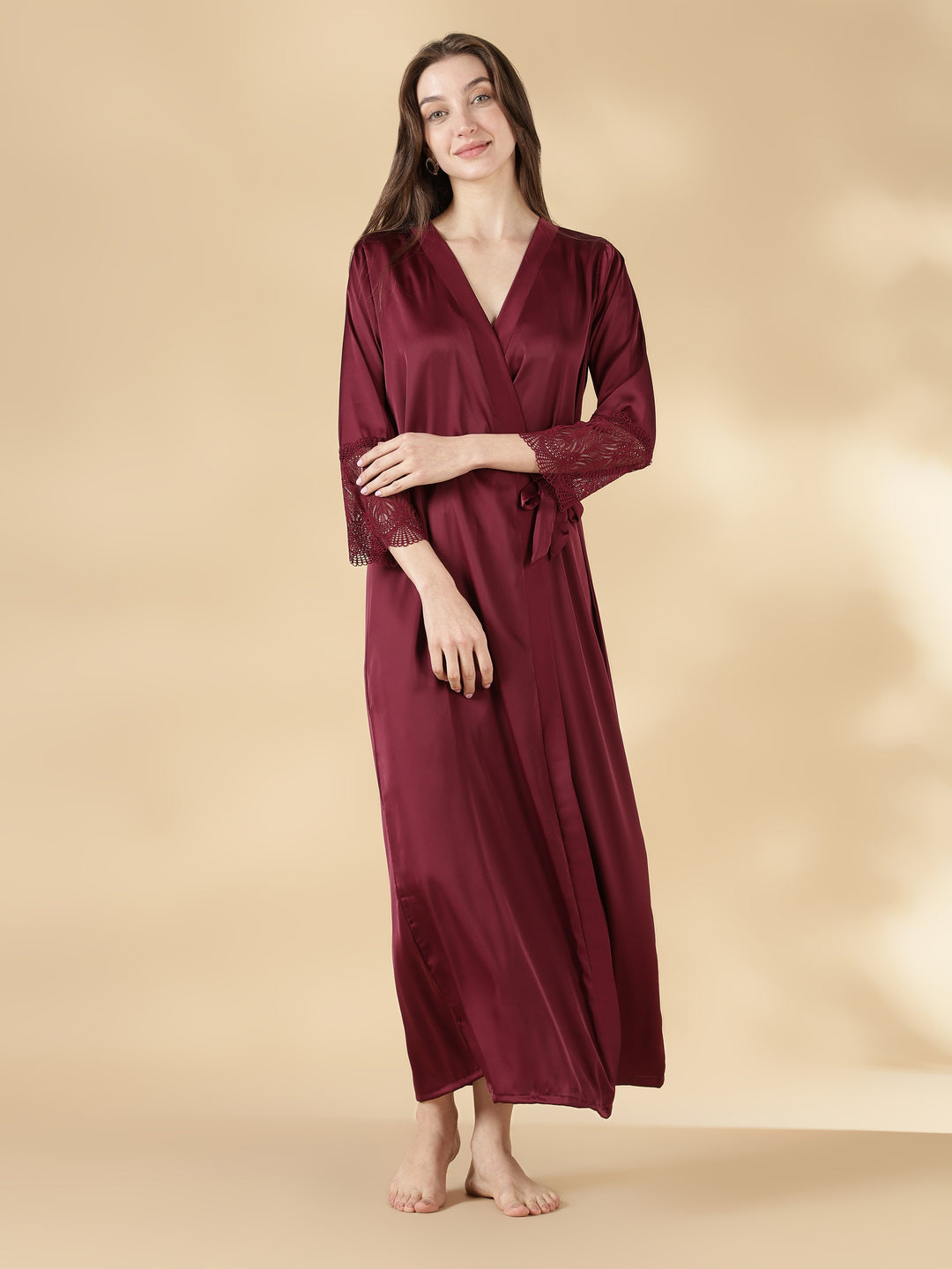 Wine rose honeymoon style satin nighty with lace robe