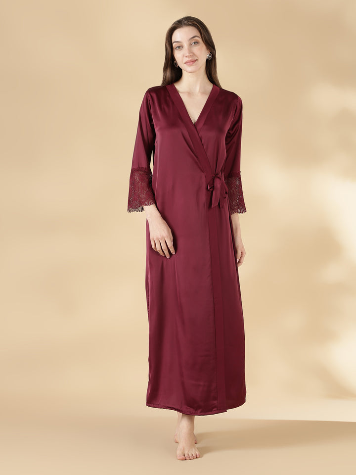 Wine rose honeymoon style satin nighty with lace robe