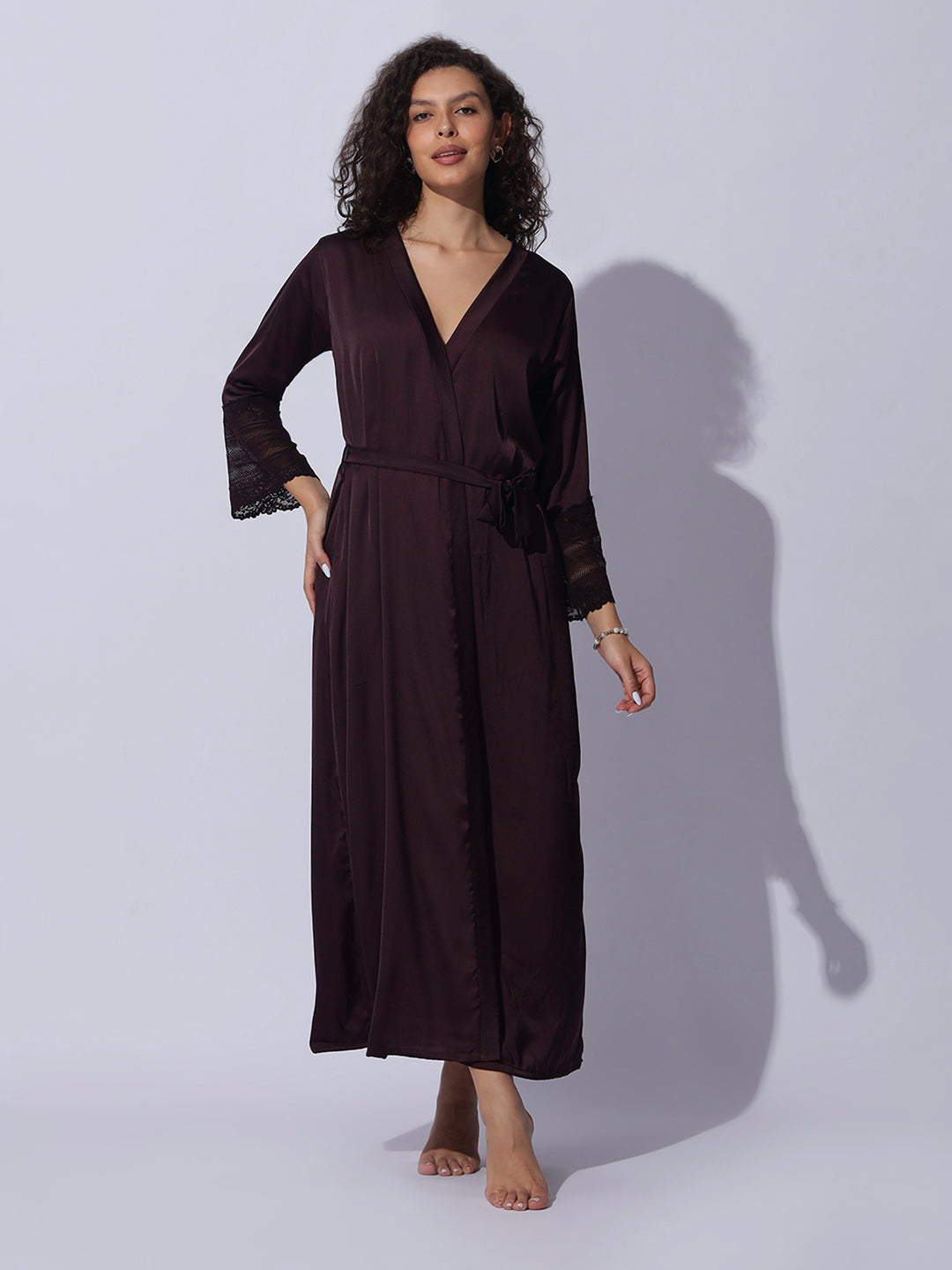 Satin long robe and night gown set in rich cocoa wine shade