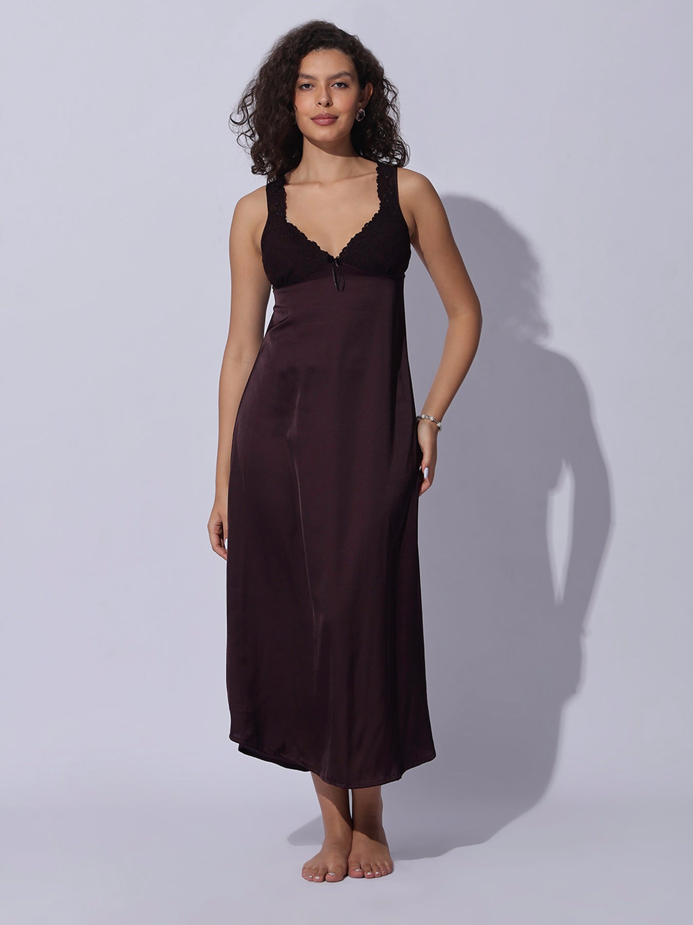 Buy Cocoa Wine Satin Long Robe and Night Gown Set For Women – 9shines label