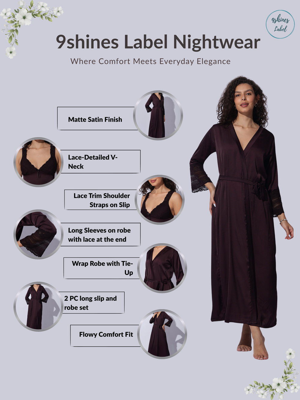 Satin long robe and night gown set in rich cocoa wine shade
