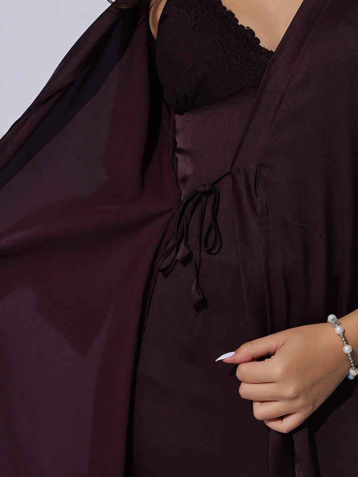 Satin long robe and night gown set in rich cocoa wine shade
