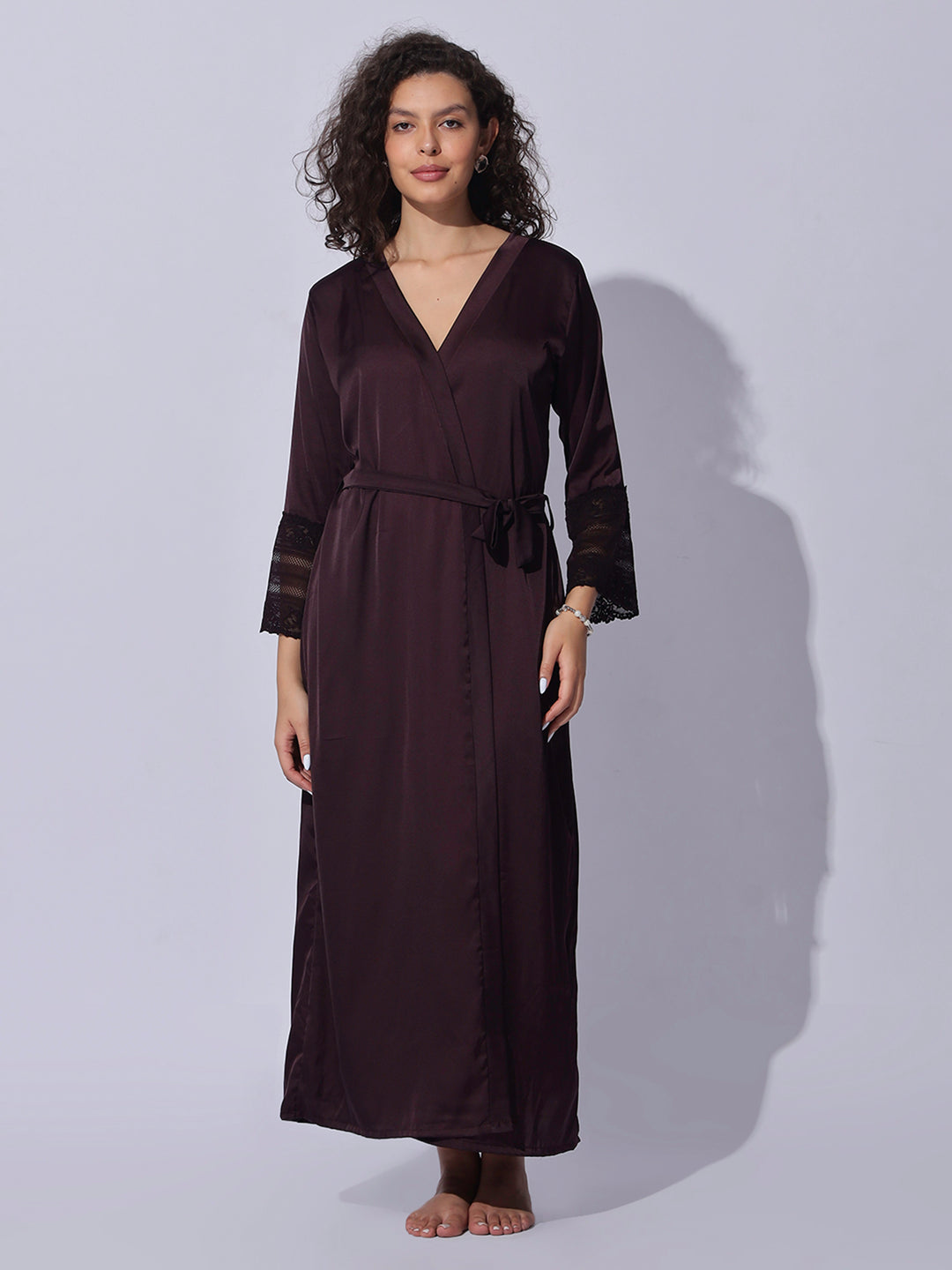 Satin long robe and night gown set in rich cocoa wine shade