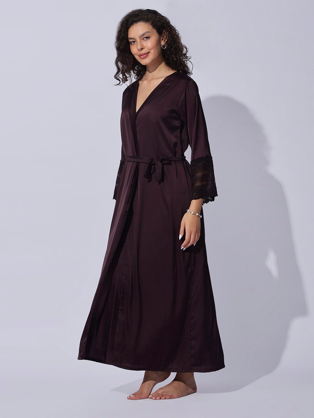 long sleeve floor length wrap dress Buy Cocoa Wine Satin Long Robe and Night Gown Set For Women Satin / L/42