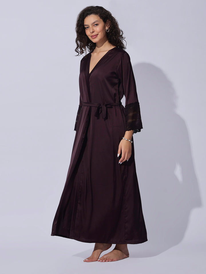 Satin long robe and night gown set in rich cocoa wine shade