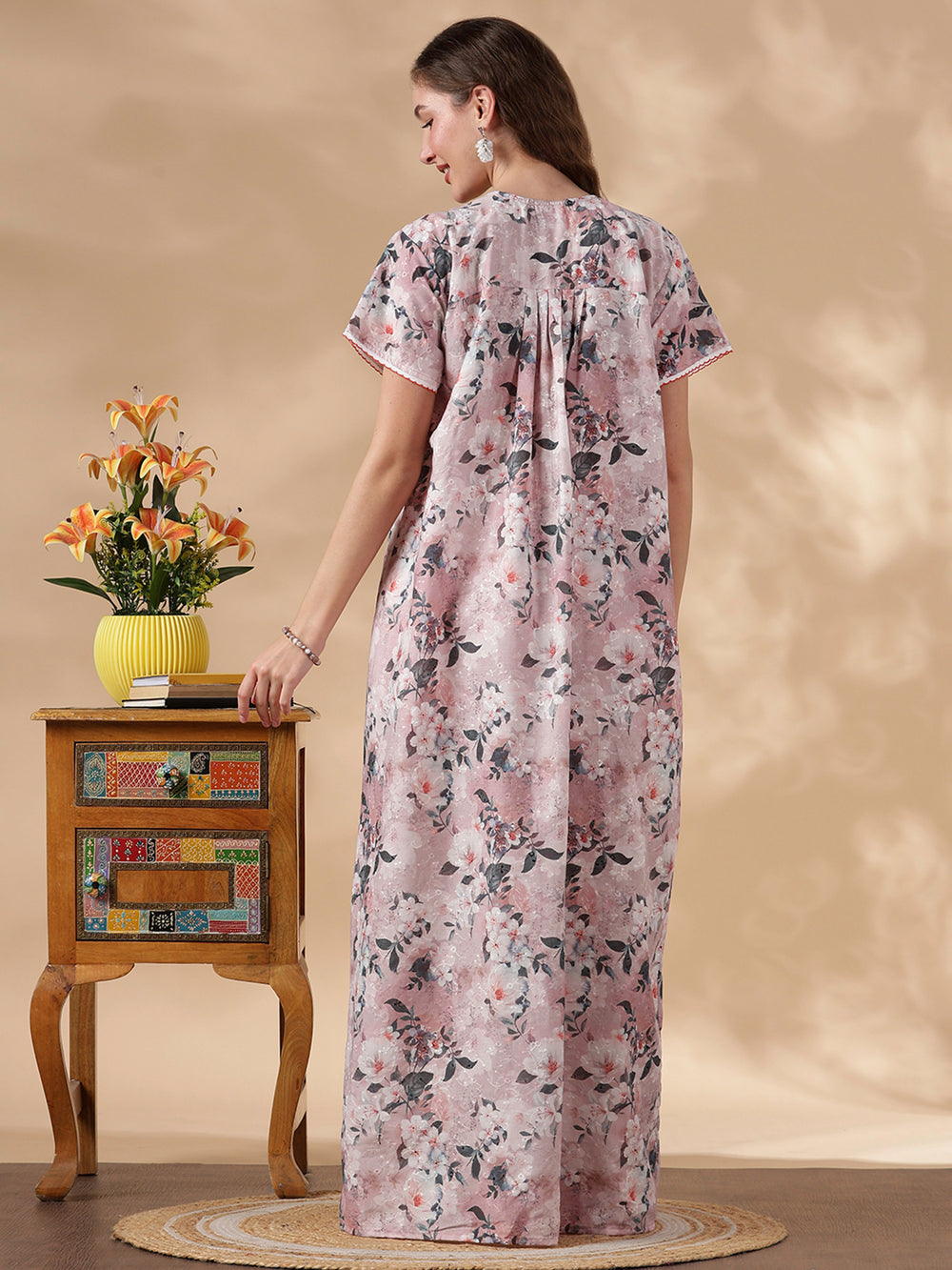 Floral pink premium women's nighty in pure cotton