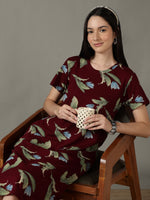 Wine Floral Cotton Short Nighty for Women Soft Breathable Fit