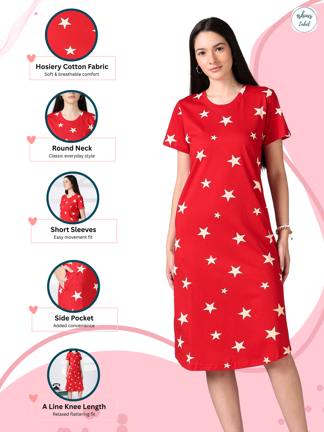 Red star printed short nighty for women in soft summer fabric