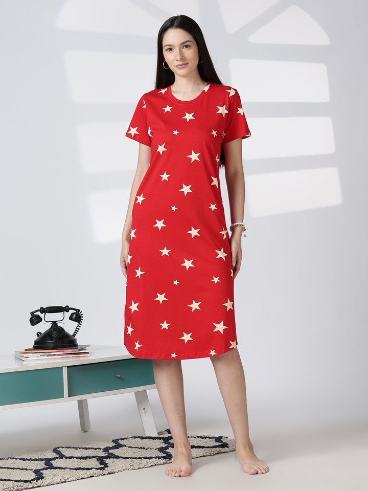 Red star printed short nighty for women in soft summer fabric