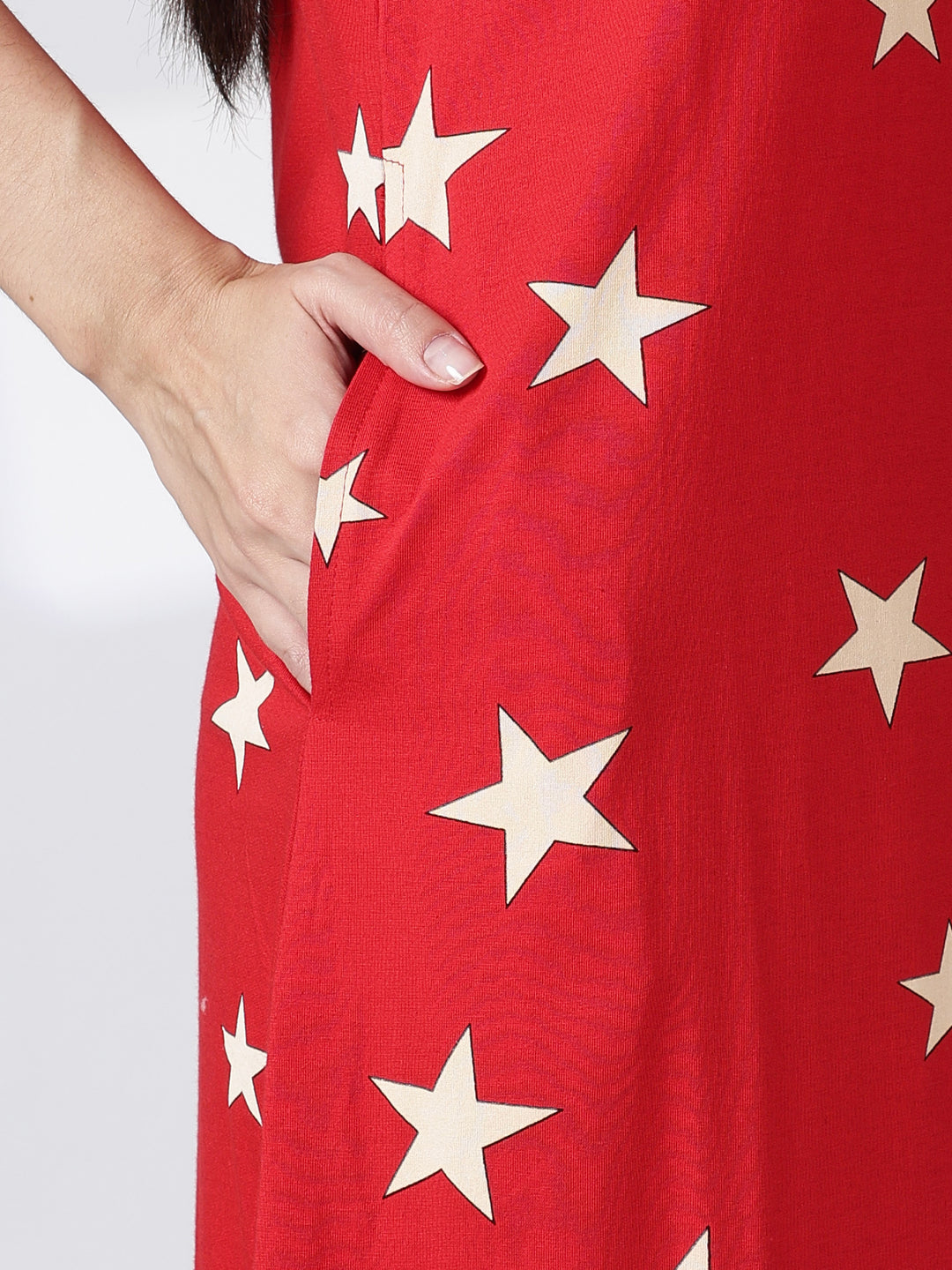 Red star printed short nighty for women in soft summer fabric