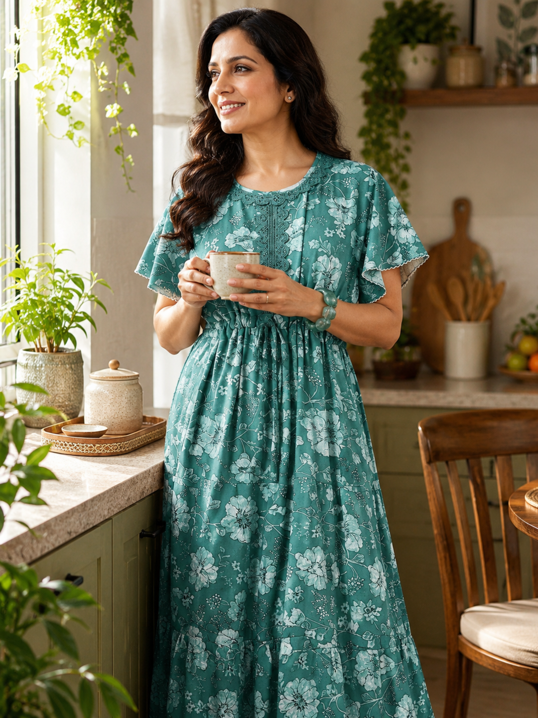 Aqua lake floral soft alpine frock type nighty for women