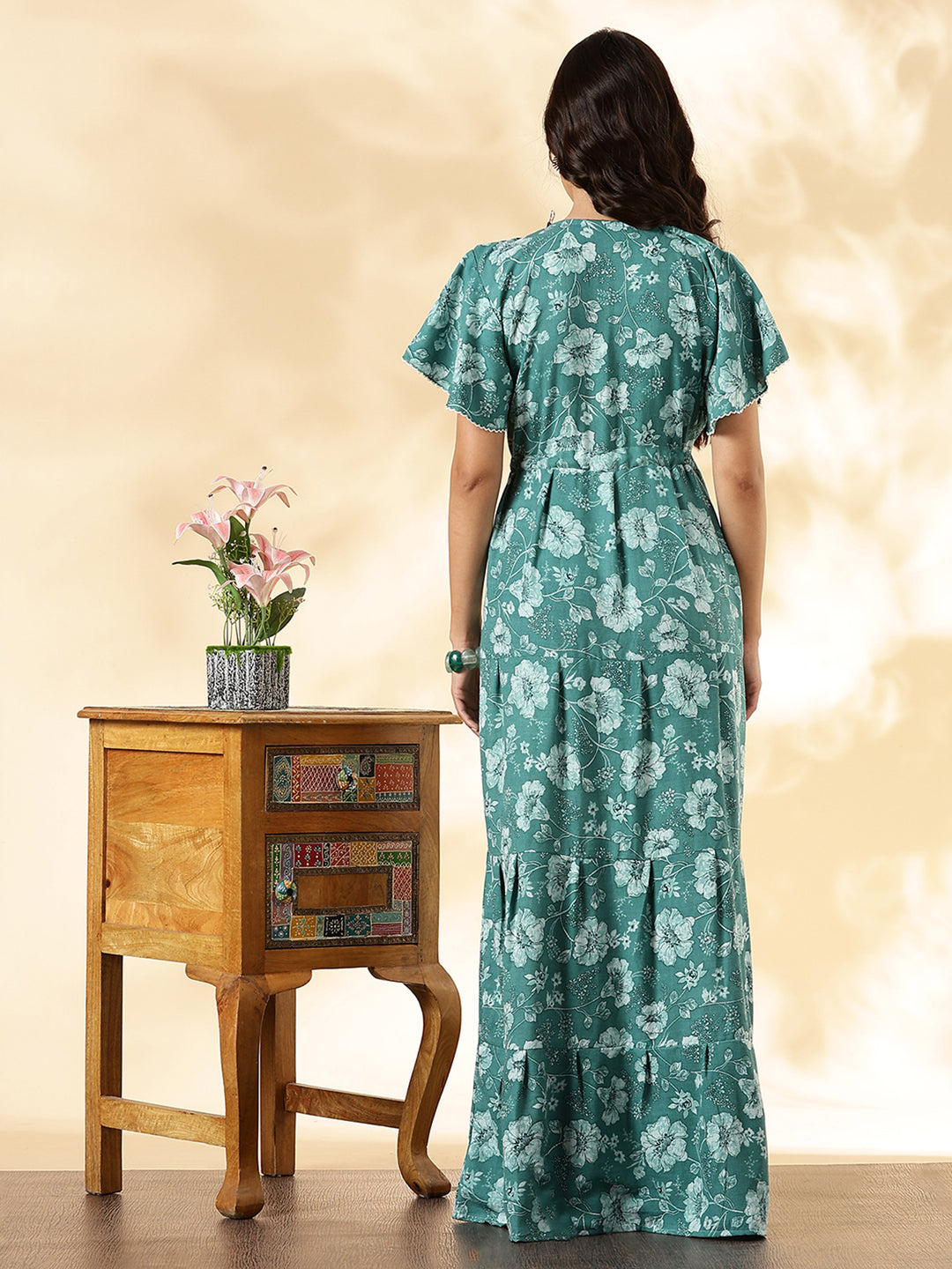 Aqua lake floral soft alpine frock type nighty for women