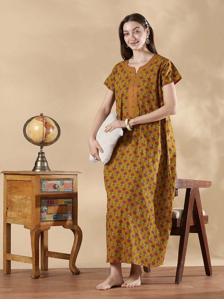 Haldi yellow A-line premium cotton nighty dress for women