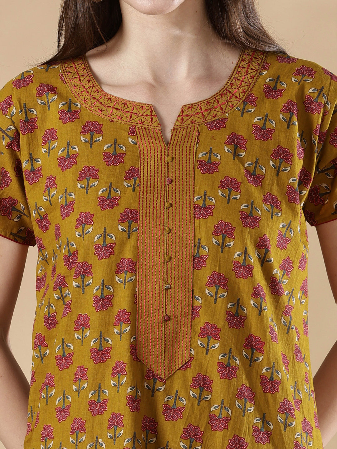 Haldi yellow A-line premium cotton nighty dress for women