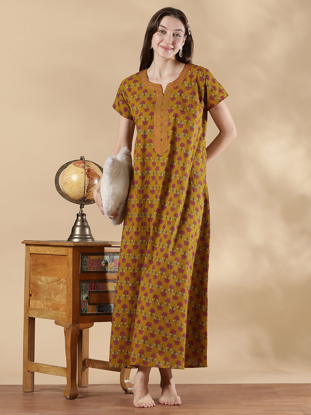 Haldi yellow A-line premium cotton nighty dress for women