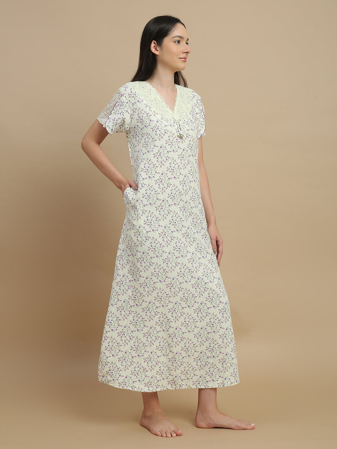 Floral yellow women's nightwear dresses in bamboo fabric