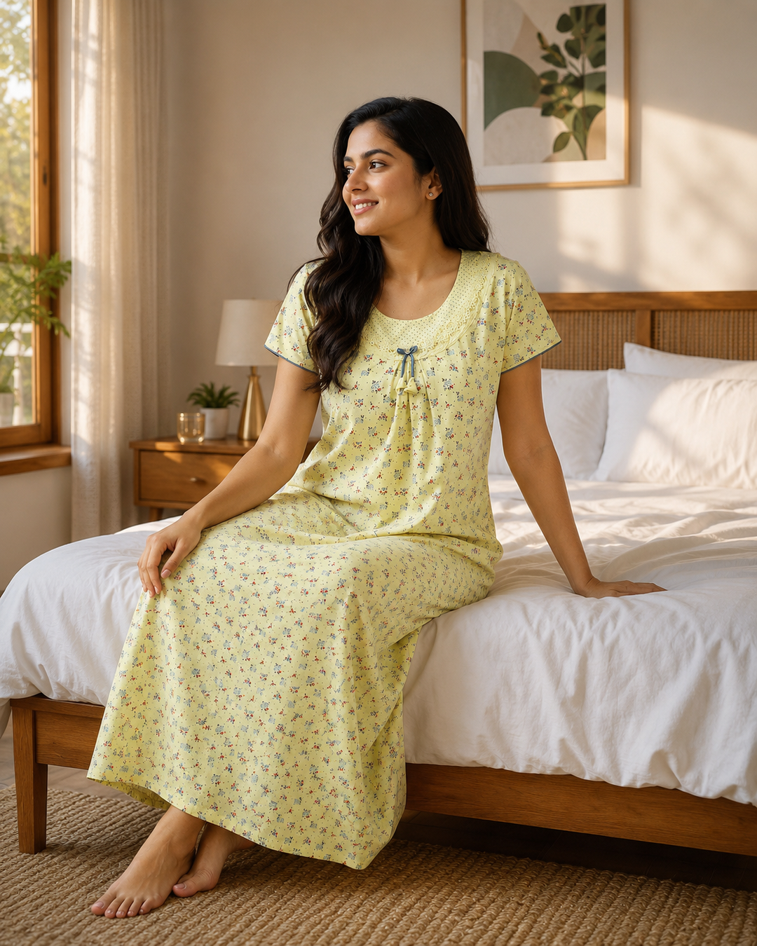 Yellow Floral Night Dress for Women in Cotton Blend Fabric Cotton Blend / L/42