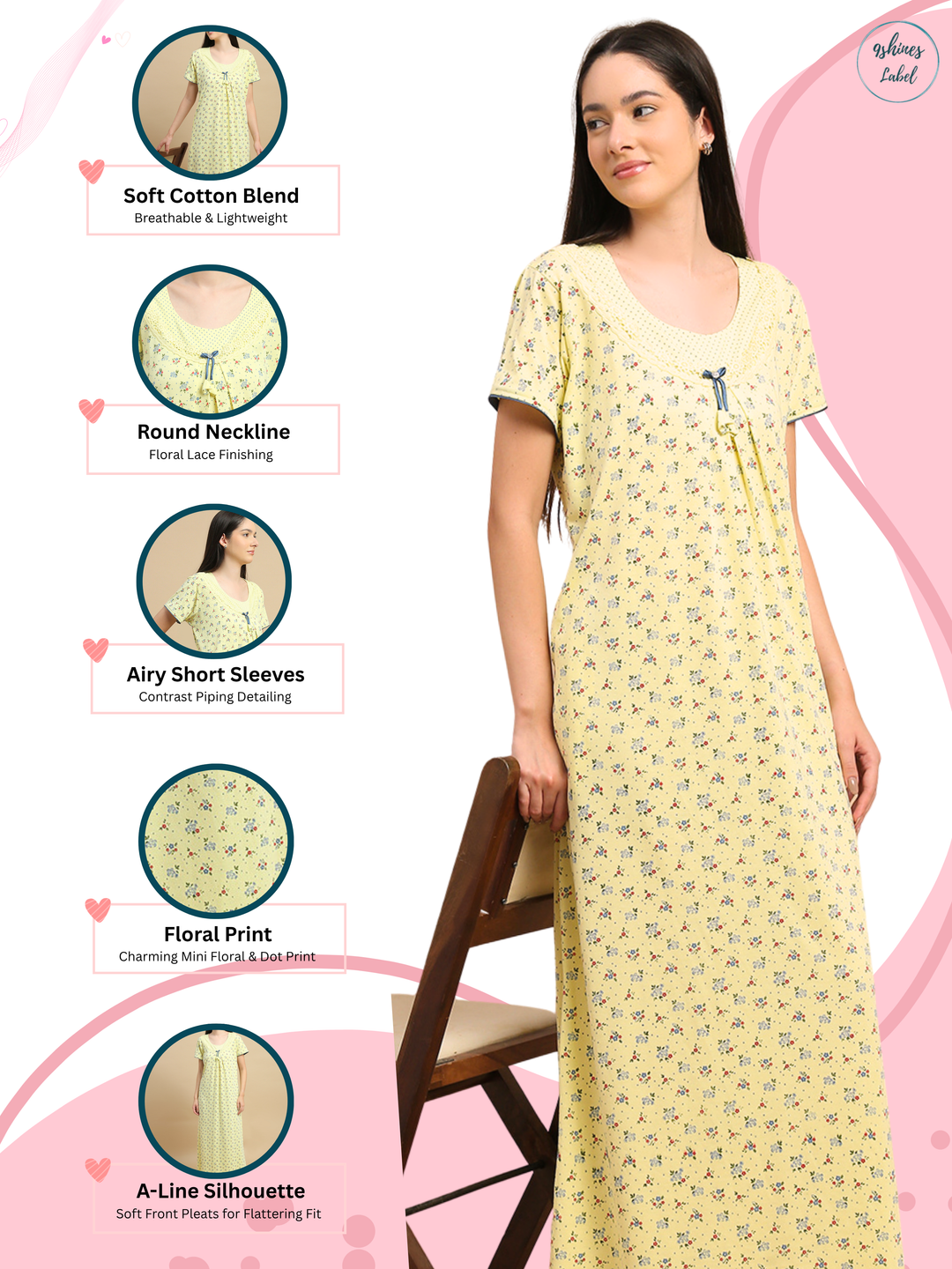 Yellow floral night dress for women in cotton blend fabric