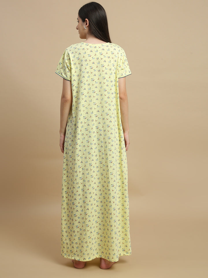 Yellow floral night dress for women in cotton blend fabric